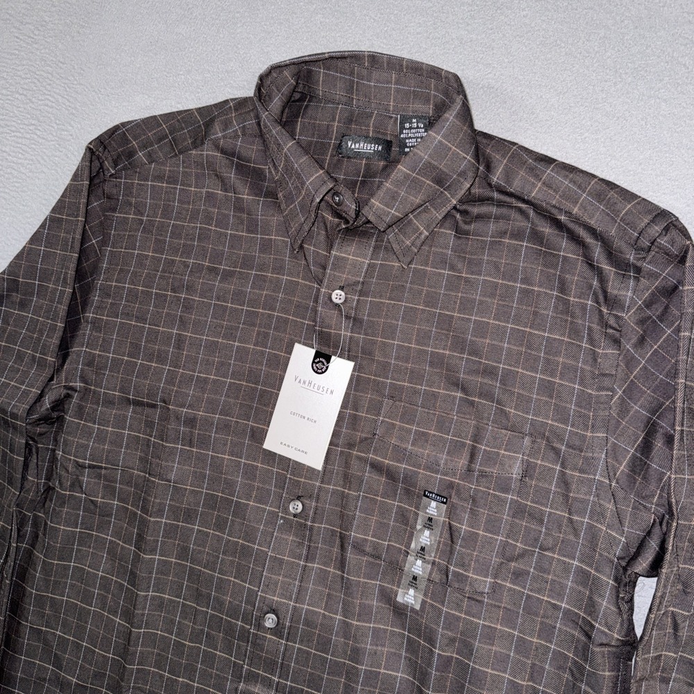 Van Heusen Shirt Mens Medium Brown Check Easy Care Long Sleeve Button Down NWT